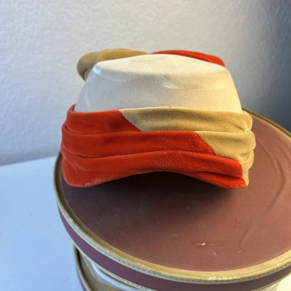 Vintage Patricia‎ Velvet Turban Hat Orange And Brown With Hat Box - Picture 6 of 8